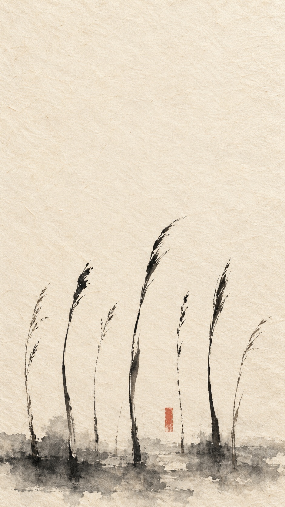 Seven slender black sumi ink strokes rise from a low charcoal wash on warm washi paper, accented by one small vermilion rectangle and broad empty space above.