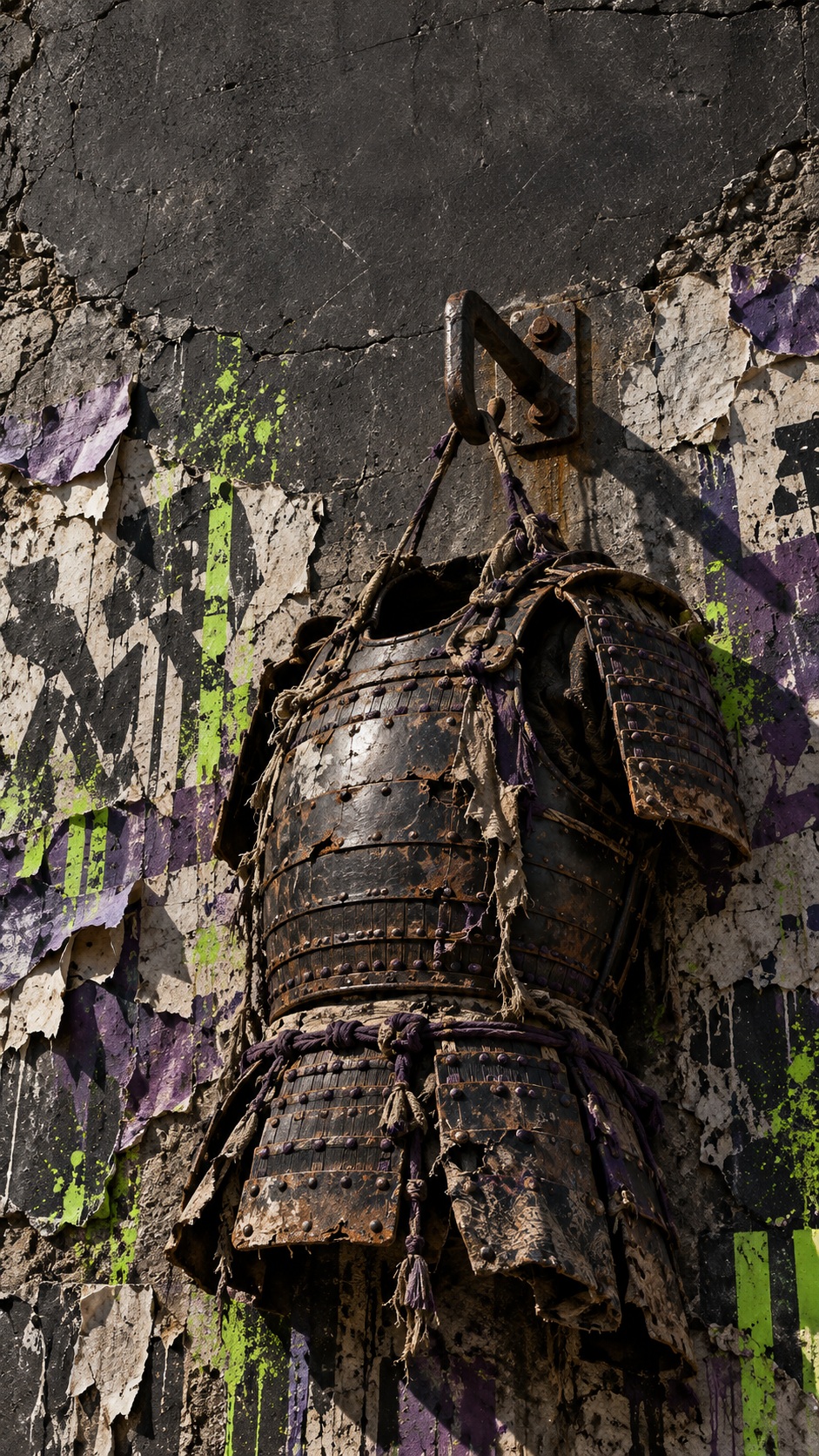 An empty battered samurai cuirass hangs from a steel wall hook amid torn washi, violet spray paint, fluorescent lime stencil fragments and cracked industrial concrete.