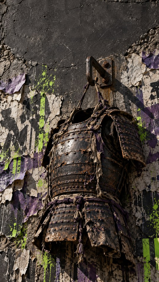 An empty battered samurai cuirass hangs from a steel wall hook amid torn washi, violet spray paint, fluorescent lime stencil fragments and cracked industrial concrete.