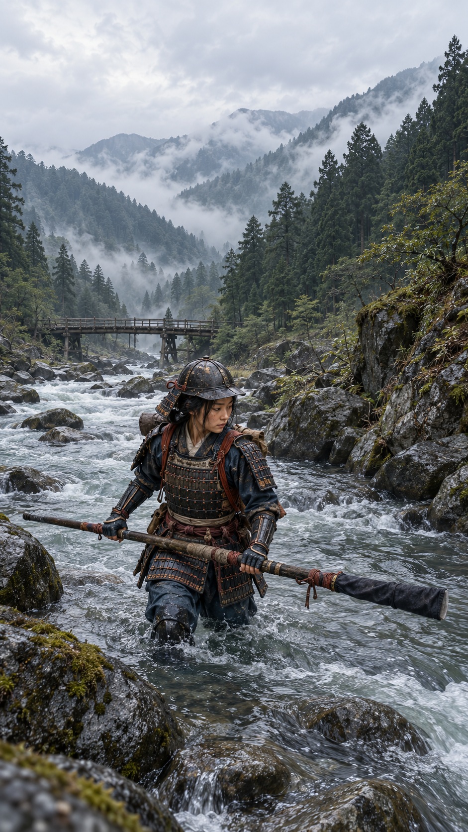 An adult Japanese woman warrior crosses a shallow mountain river in practical lamellar armor, carrying a naginata above the water beneath misty cedar slopes.