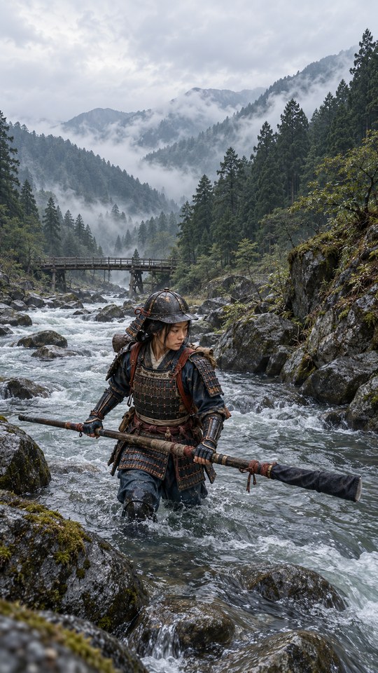 An adult Japanese woman warrior crosses a shallow mountain river in practical lamellar armor, carrying a naginata above the water beneath misty cedar slopes.