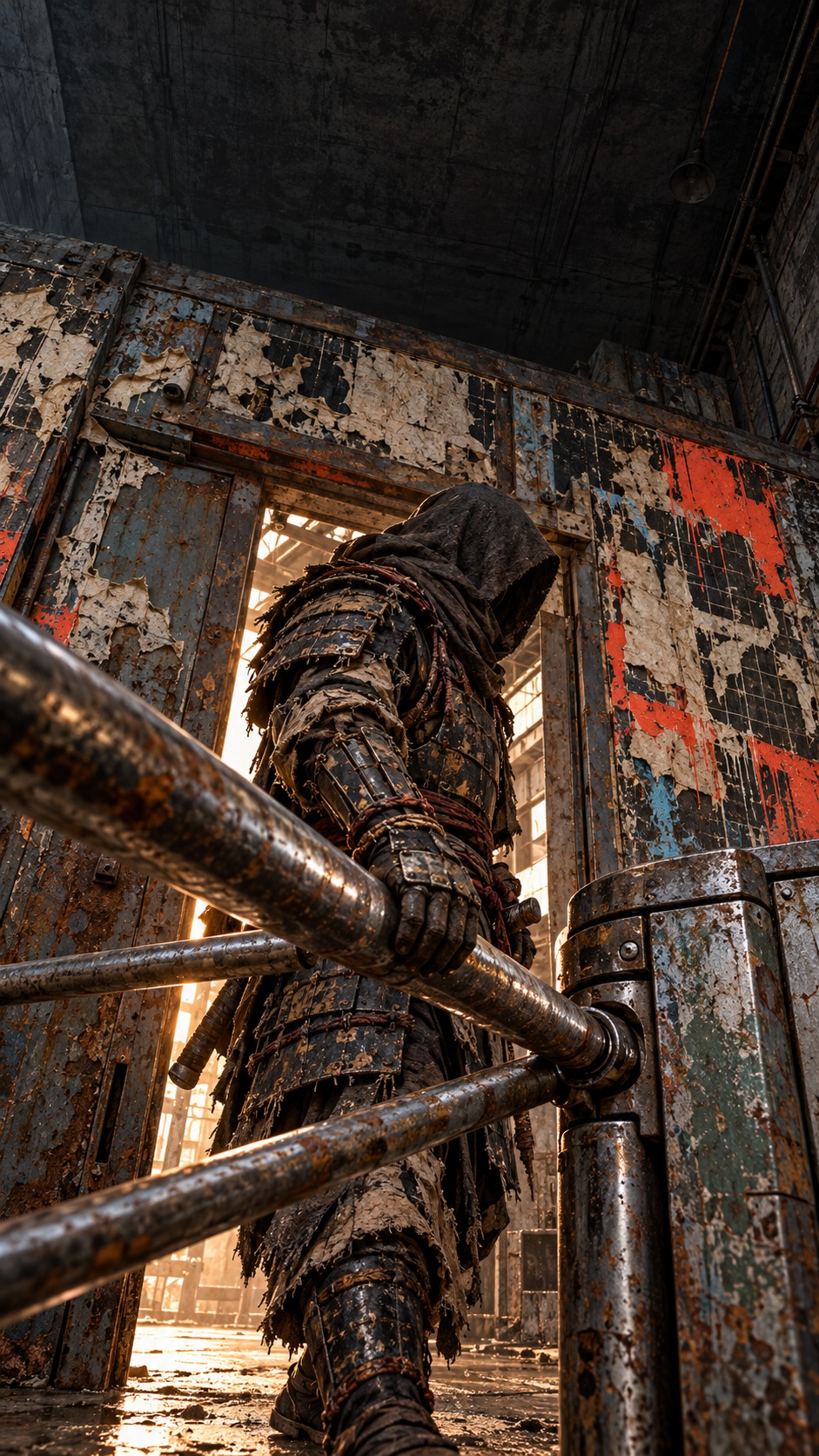 Low-angle mixed-media street-art illustration of a hooded samurai in battered black armor moving through a rusted factory turnstile, surrounded by torn washi, stencil grids and coral spray paint.