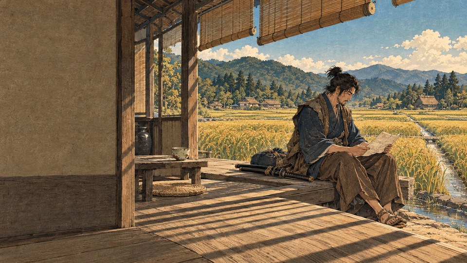 Traditional Japanese woodblock-style illustration of a seated ronin studying a folded map inside an abandoned wooden tea house, with golden rice fields and green hills beyond the veranda.