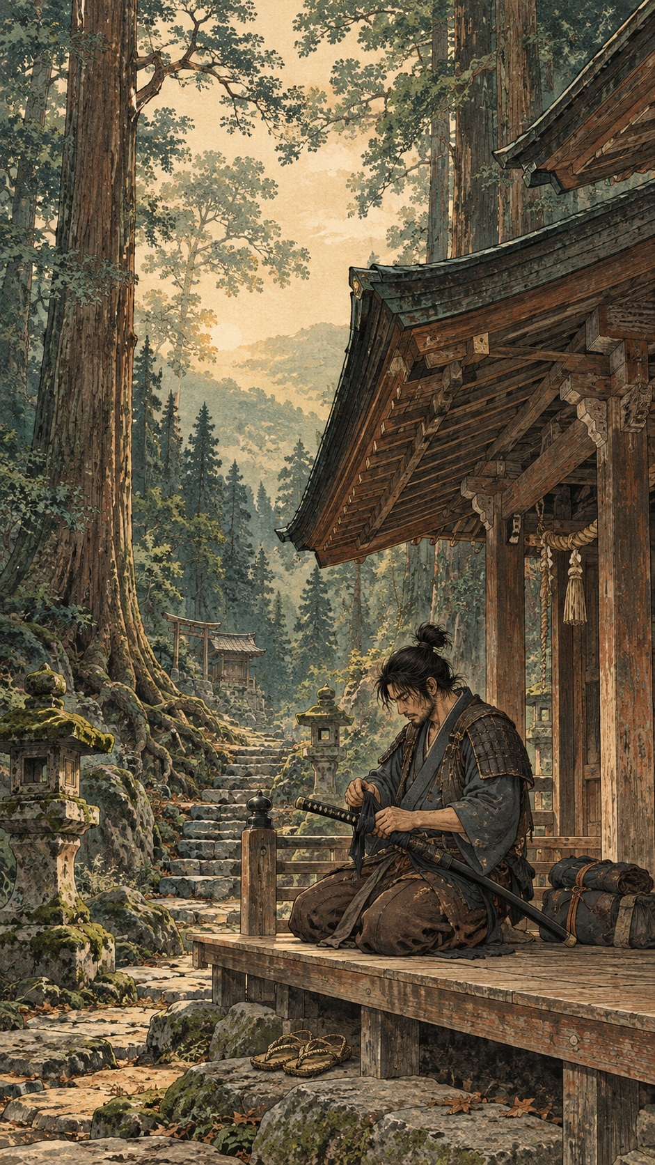 A traveling ronin kneels beneath the cedar eaves of a forest shrine, wrapping the hilt of his sheathed sword beside mossy stones and towering trees in a traditional woodblock-style illustration.