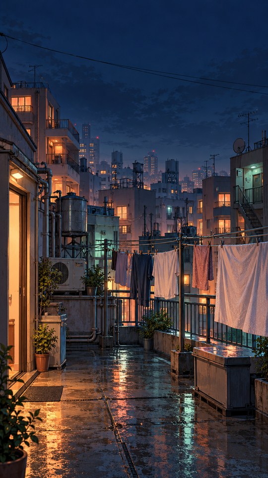 Wet Tokyo apartment rooftops at night with hanging laundry, water tanks, pipes and satellite dishes lit by peach windows and cool cyan utility lamps.