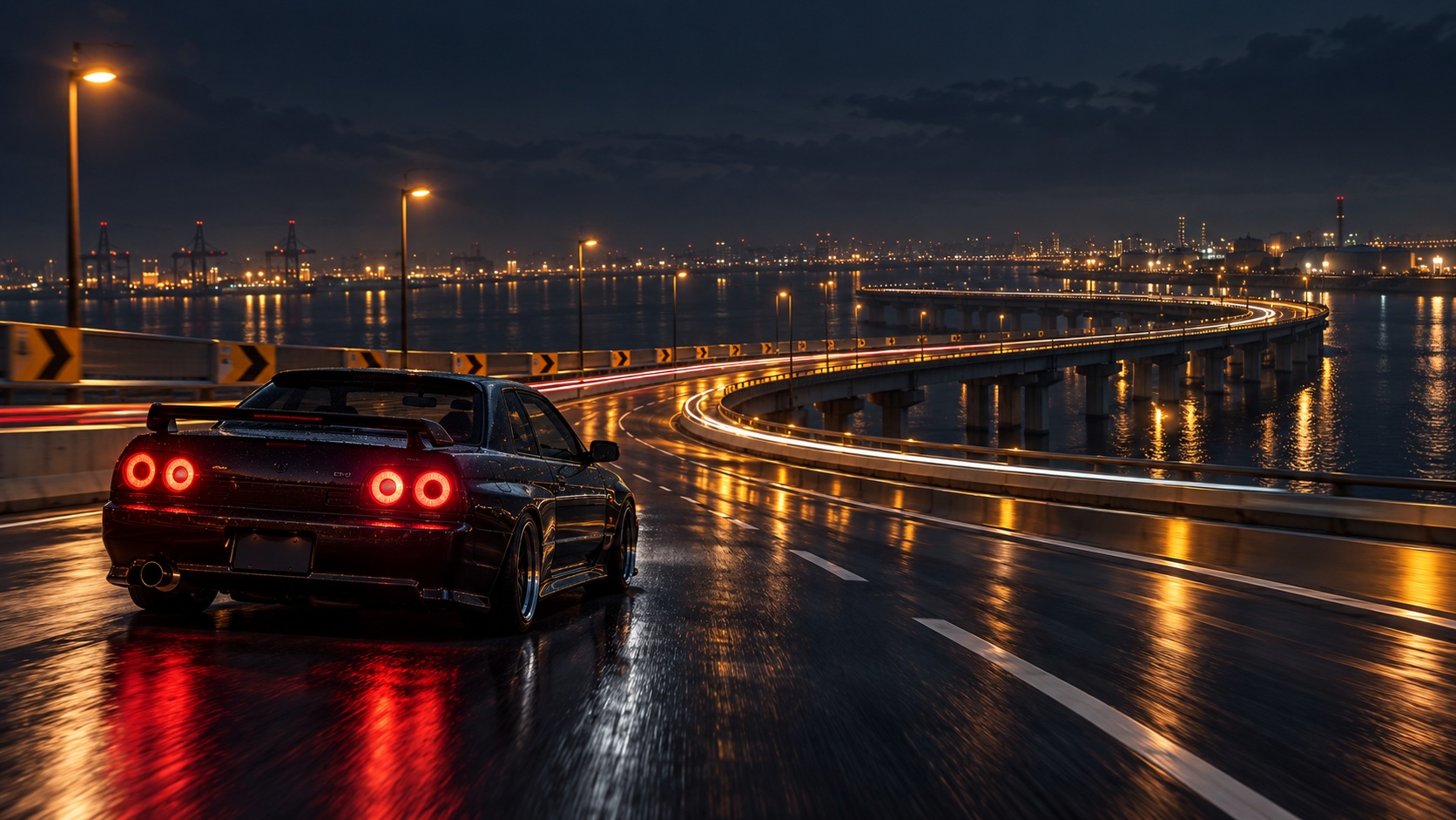 A car following amber light trails along a dark bayside highway.