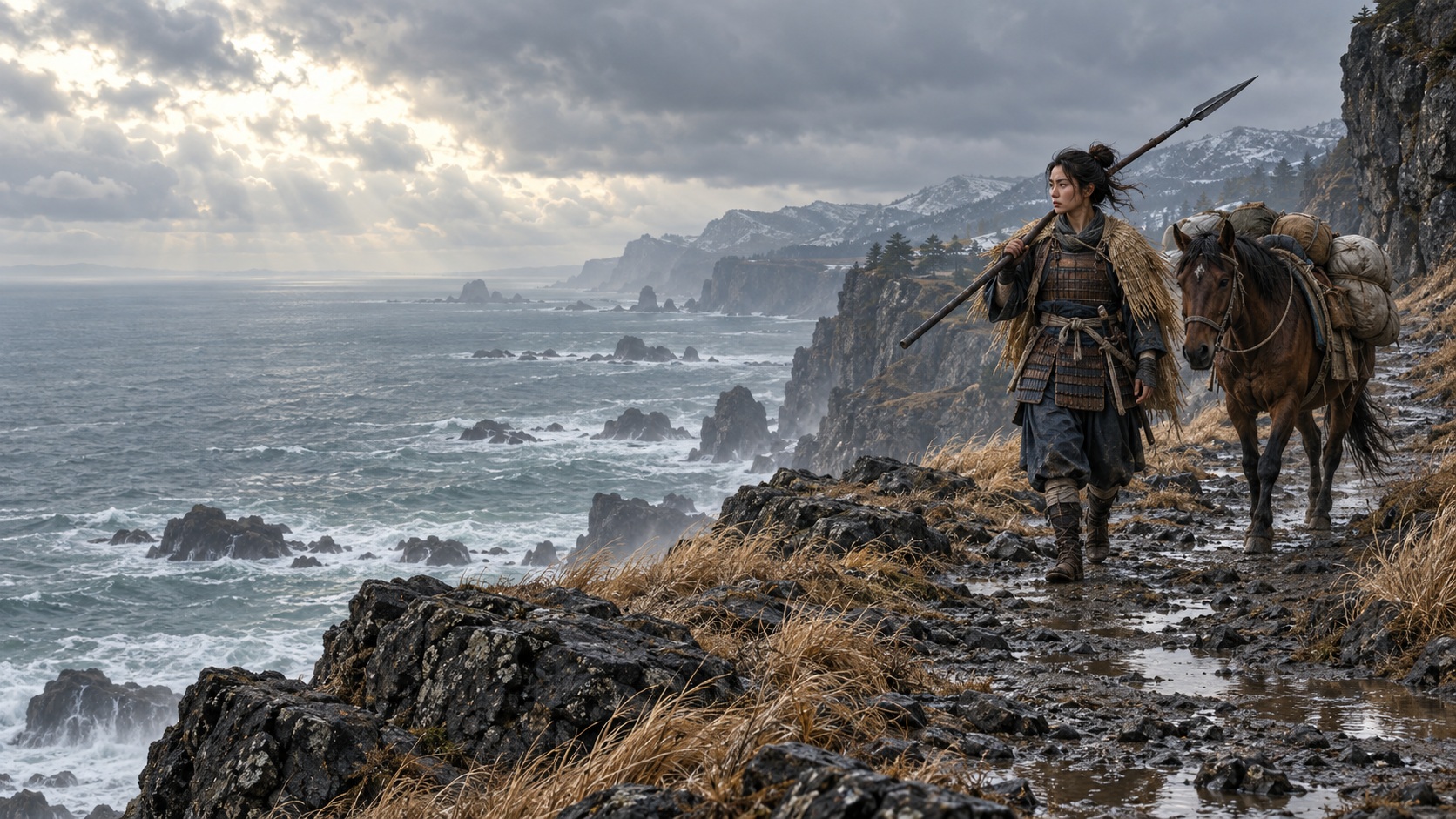 An adult Japanese woman warrior in weathered lamellar armor escorts a loaded packhorse along a windswept coastal road above pale surf and dark volcanic rocks.