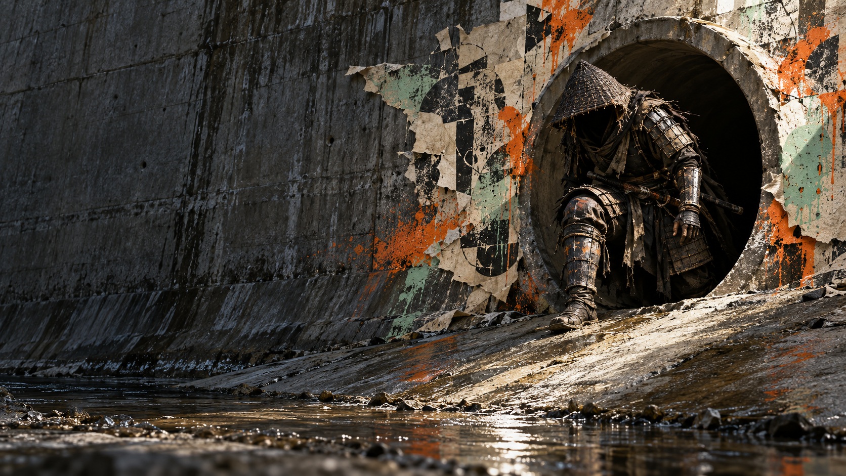 An anonymous samurai in battered black armor emerges from a circular concrete drainage outlet surrounded by torn washi, abstract stencils and burnt-orange and mint spray paint.