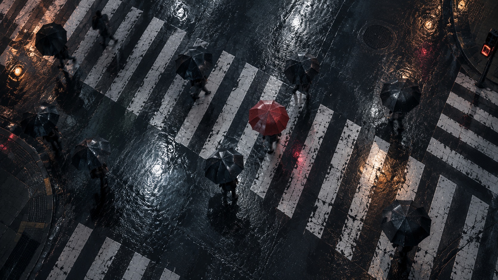 Rain darkened crossing stripes and umbrellas seen from high above.