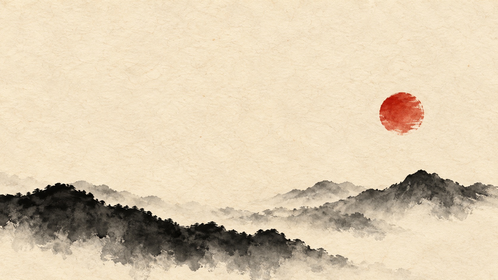 Minimal ink mountains and one vermilion sun on warm washi paper.