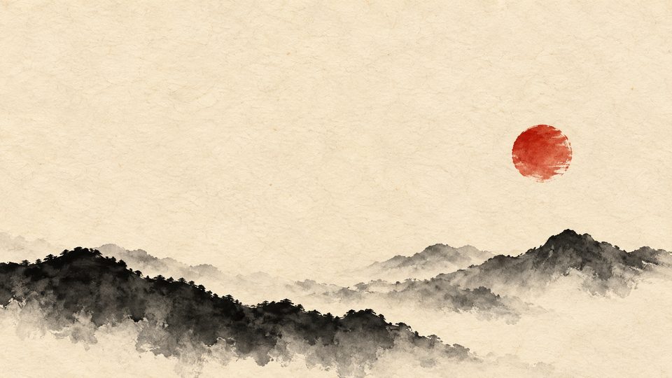 Minimal ink mountains and one vermilion sun on warm washi paper.