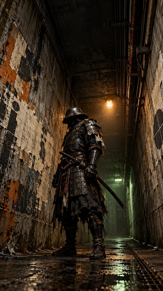 An anonymous samurai in battered black armor stands inside a worn concrete service tunnel layered with torn washi, stencil fragments and industrial spray paint.