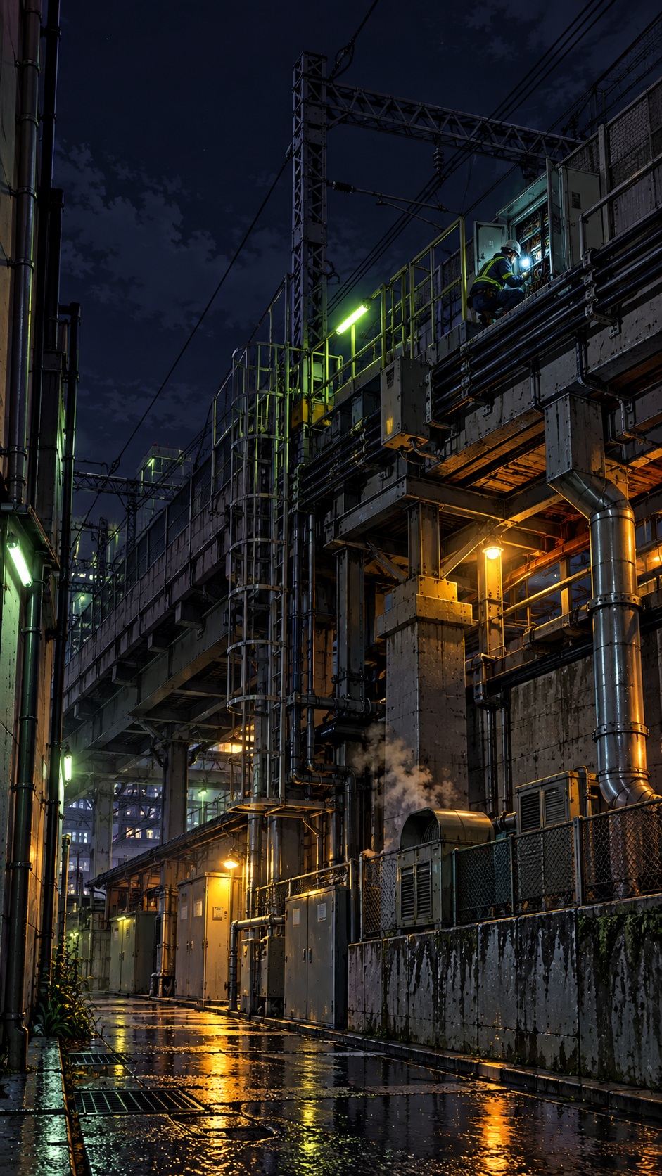 An elevated Tokyo rail maintenance platform at night, with a technician inspecting signal equipment among illuminated steel beams and cables.