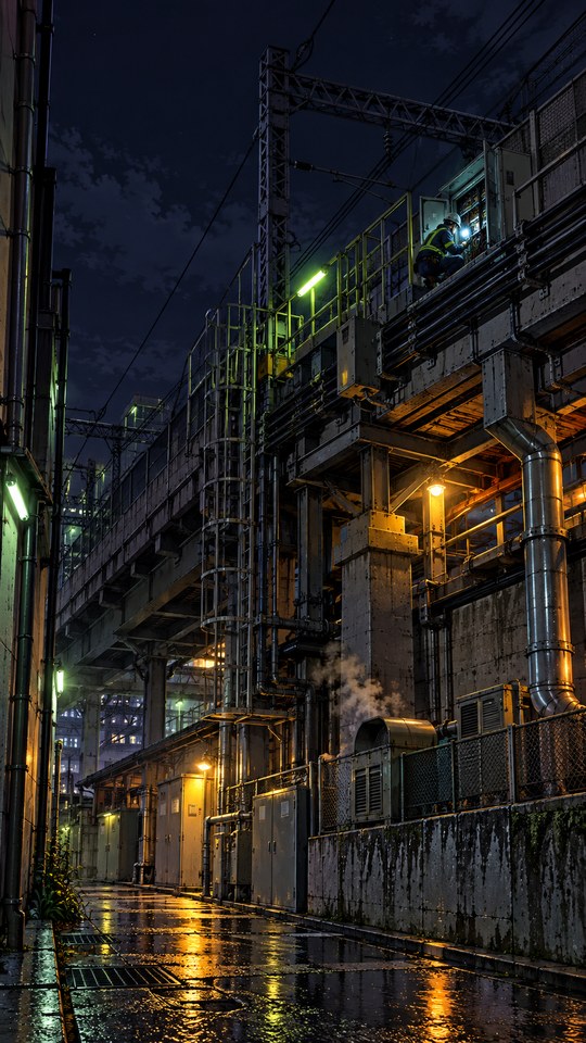 An elevated Tokyo rail maintenance platform at night, with a technician inspecting signal equipment among illuminated steel beams and cables.