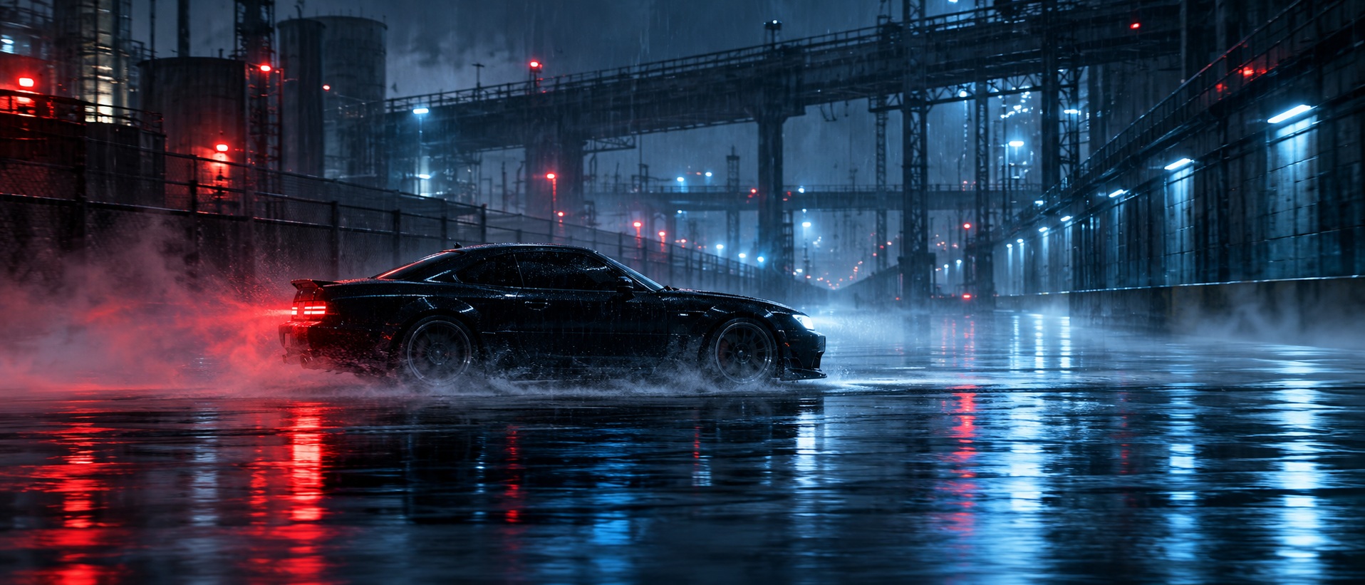 A black coupe sliding across a rain flooded industrial yard under blue lights.