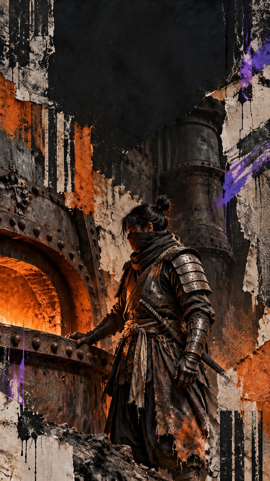 An anonymous samurai in dented iron armor stands beside a disused foundry furnace, surrounded by torn washi, industrial stencil textures and burnt-orange and ultraviolet spray paint.