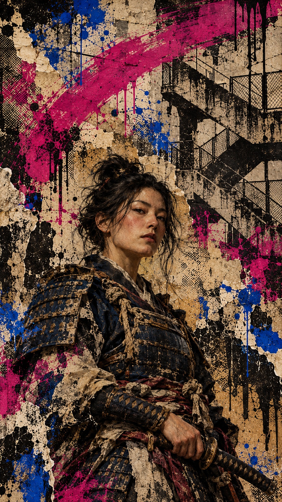 A woman samurai in worn armor against industrial stair stencils and distressed magenta and cobalt paint.
