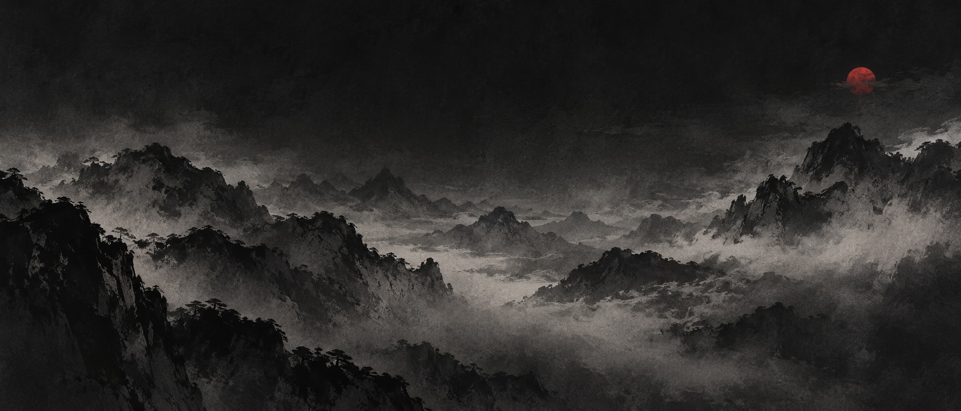 Layered sumi ink mountains dissolving into mist beneath a small red moon.