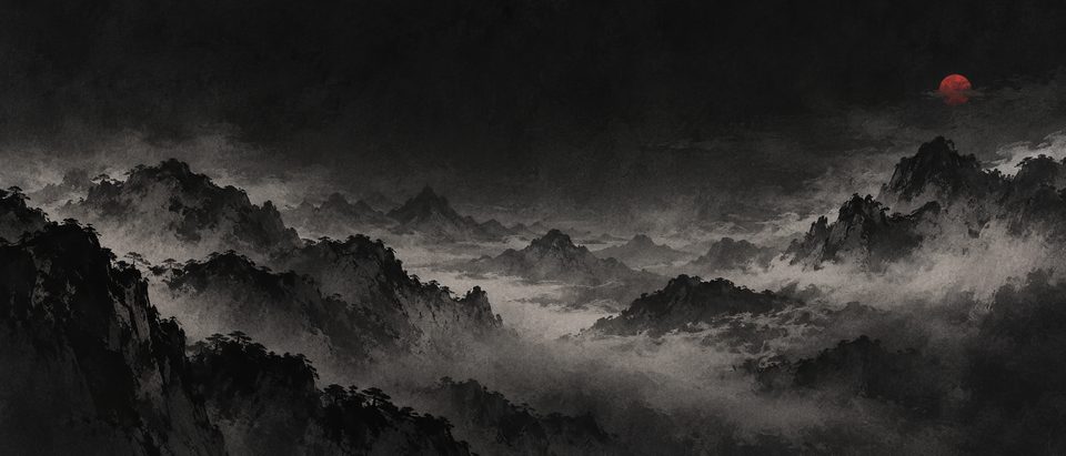 Layered sumi ink mountains dissolving into mist beneath a small red moon.