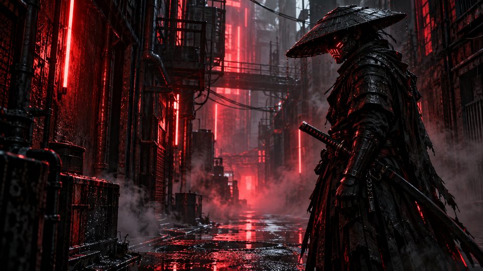 A cyber ronin in a black mask standing in a red industrial alley.