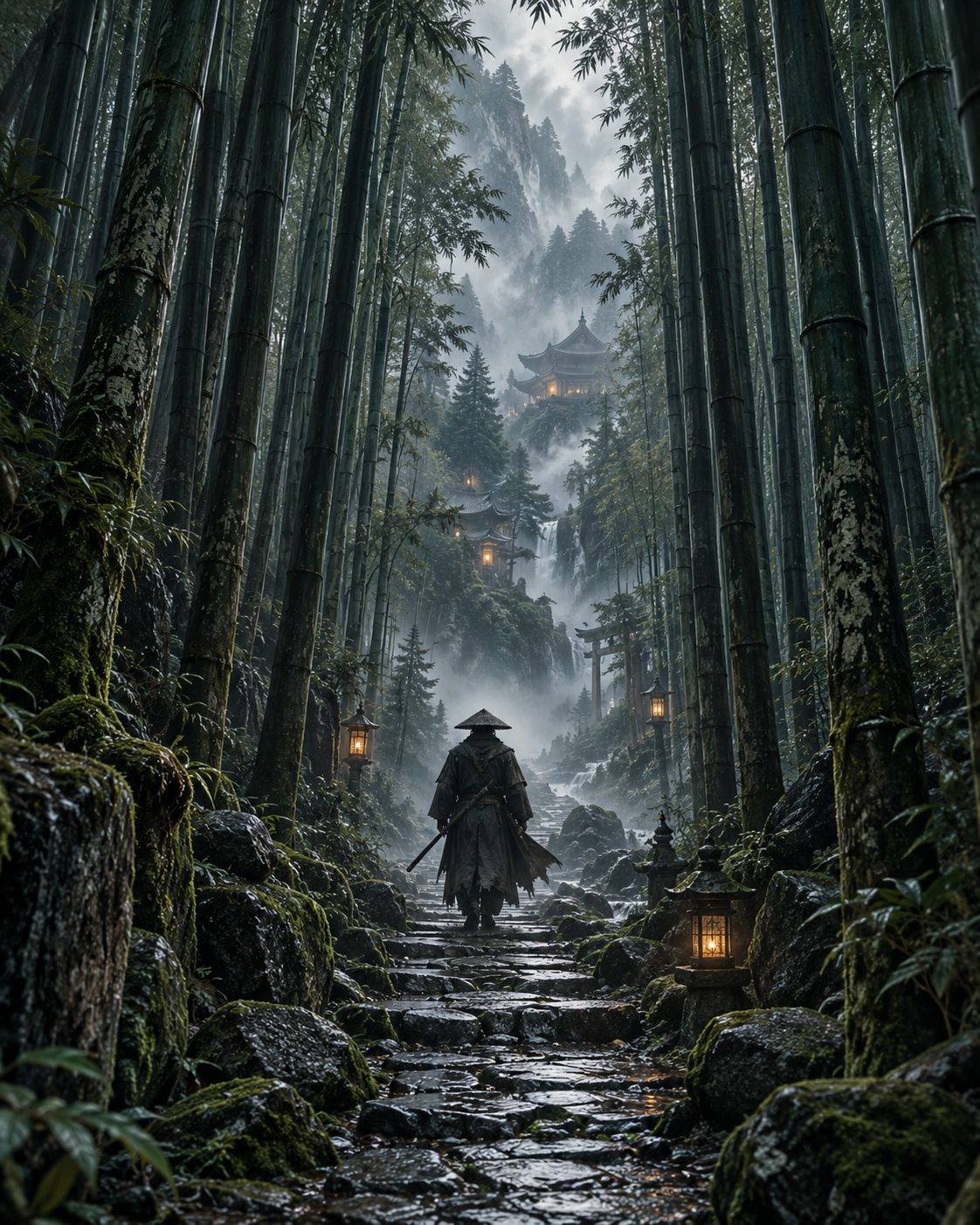 A samurai walking through a misty bamboo path rendered in layered ink.