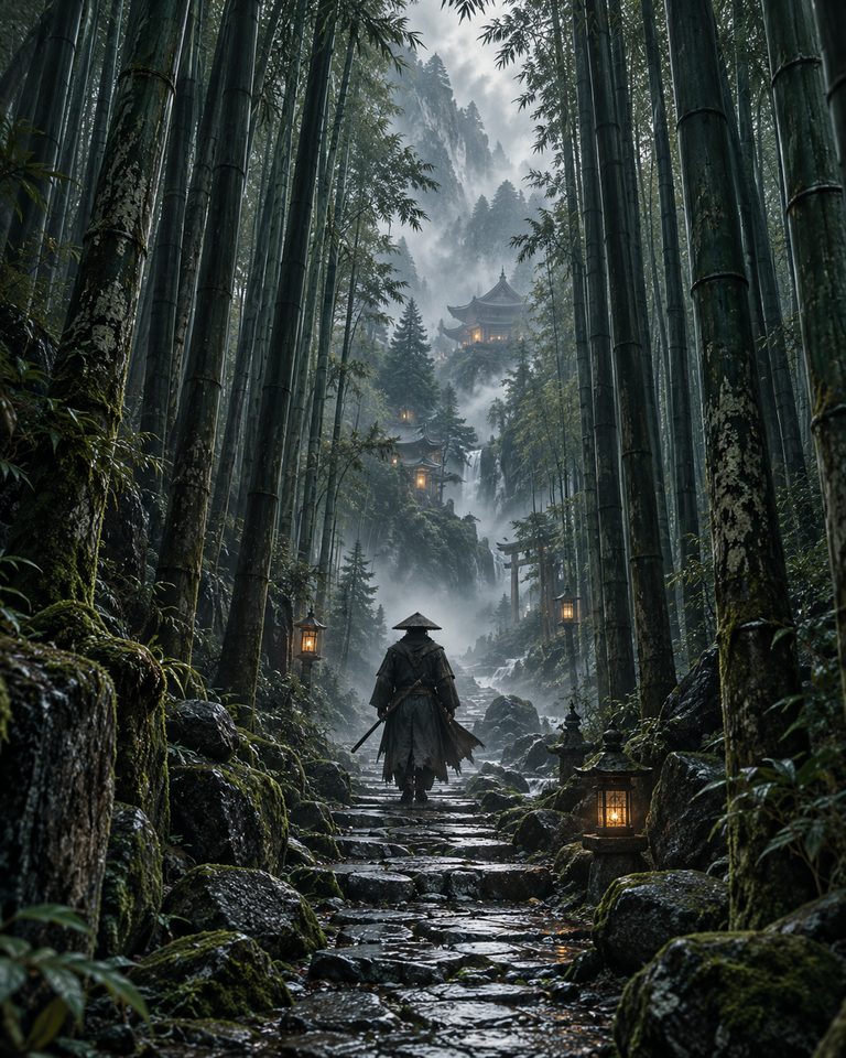 A samurai walking through a misty bamboo path rendered in layered ink.