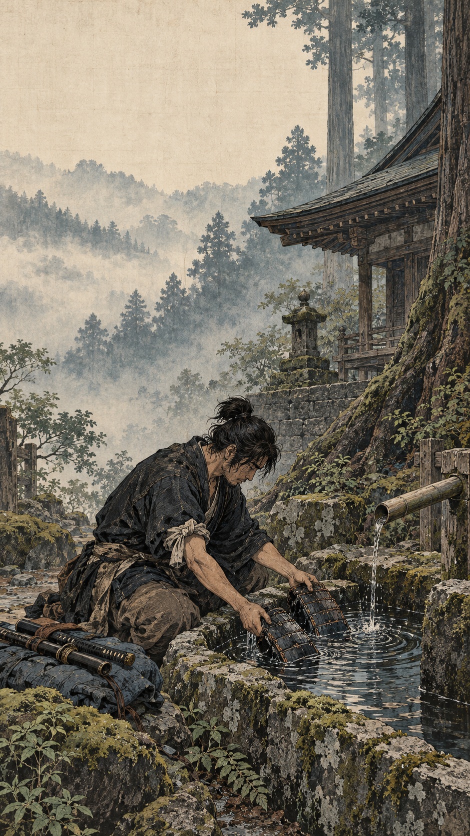 A traveling ronin kneels beside a mossy stone temple cistern, rinsing dust from detached armor plates beneath cedar trees in a muted woodblock-style morning scene.
