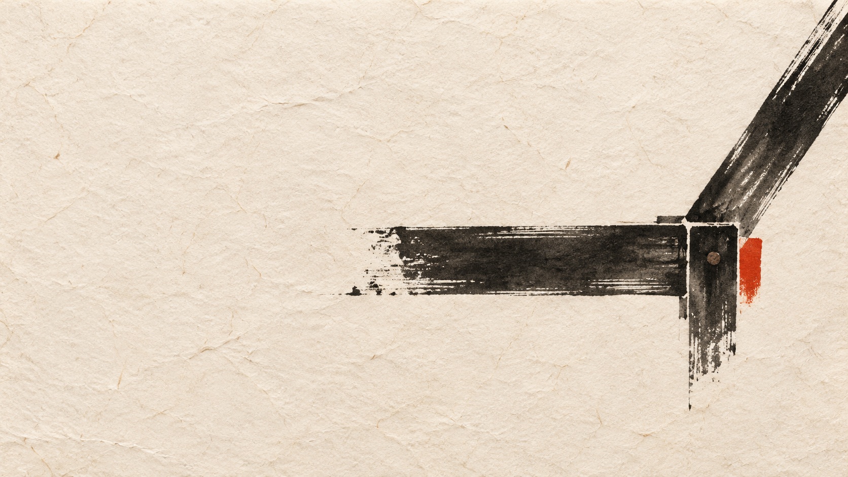 Two charcoal sumi ink bamboo slats meet at an offset wooden hinge on warm ivory washi paper, with a small vermilion accent and generous empty space on the left.