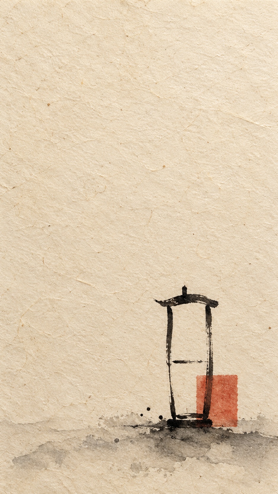A sparse black sumi ink lantern shape with an imperfect vermilion paper rectangle sits in the lower portion of textured ivory washi, leaving broad empty space above.