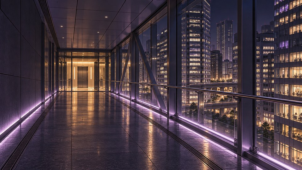 Cinematic cel-art view inside an empty glass pedestrian skybridge above Tokyo at midnight, with violet floor lighting, golden elevator light and illuminated office buildings beyond the windows.