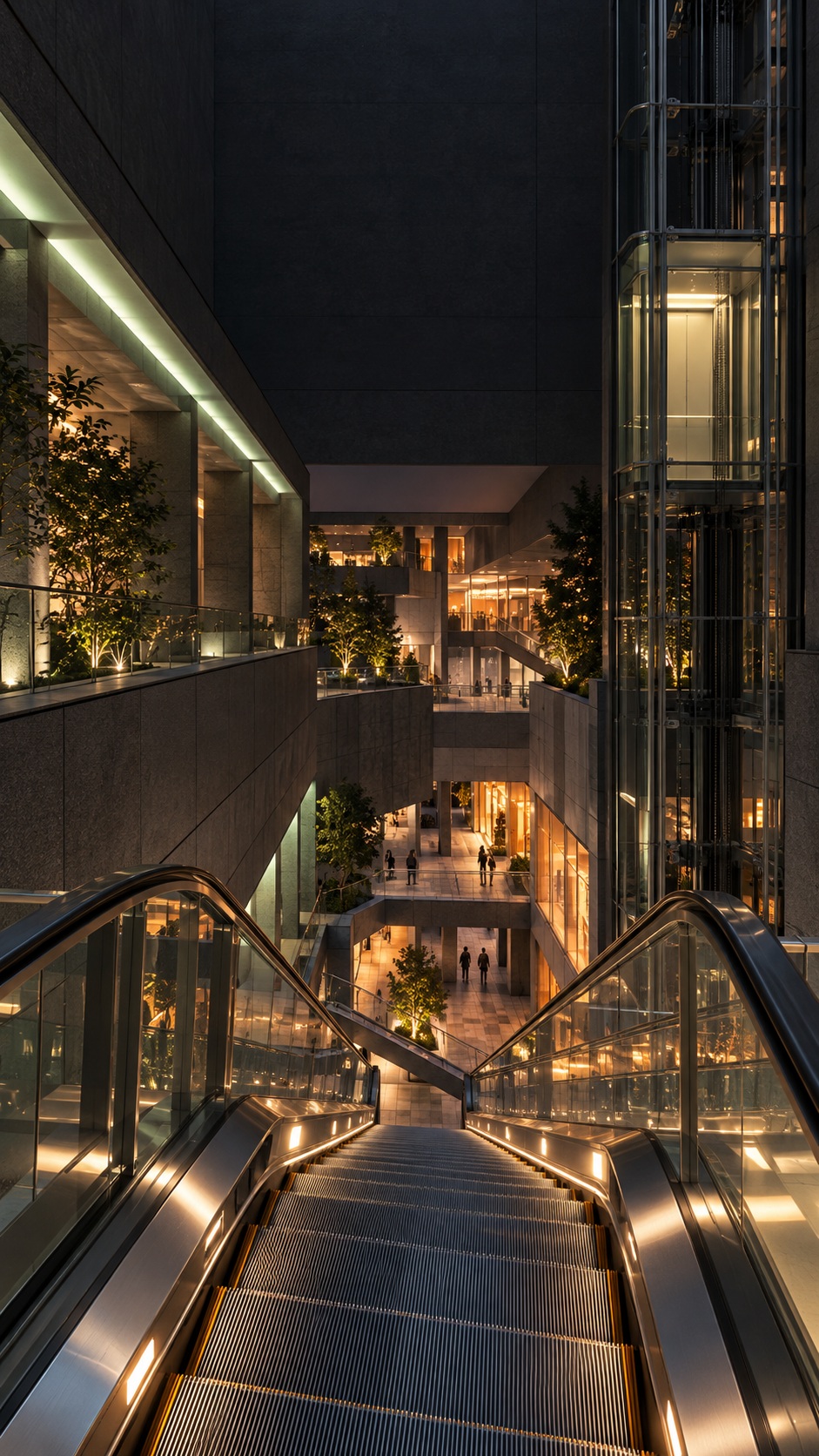 A steep outdoor escalator descends through a modern Tokyo shopping complex at night, surrounded by glass elevator shafts, graphite concrete and mint-green and orange architectural lighting.