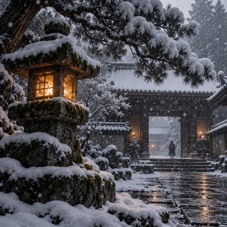A stone lantern glowing beside a snow covered temple garden.