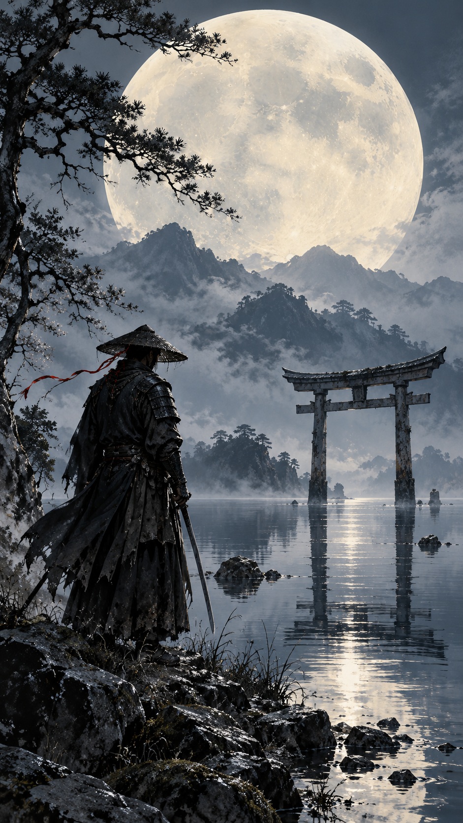 A quiet ronin beside a torii and moonlit water in a blue night landscape.