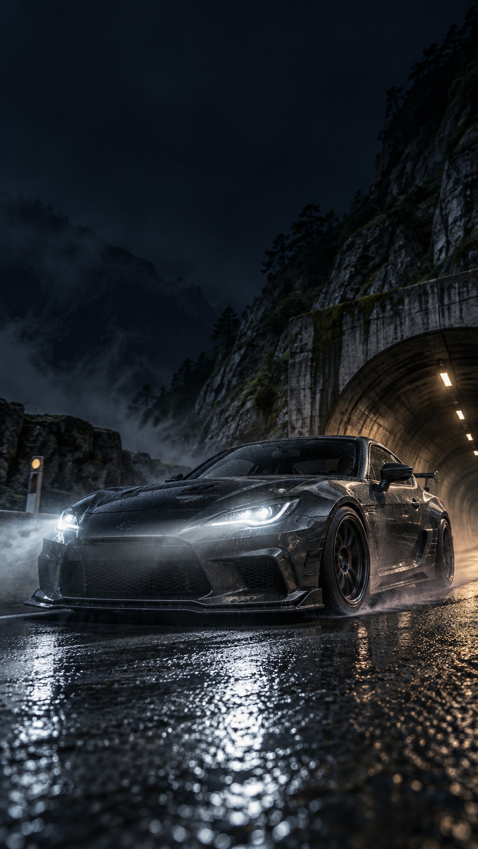 An unbranded Japanese tuner coupe exits a mountain tunnel at night with bright headlights, wet pavement reflections and misty rock walls surrounding the road.