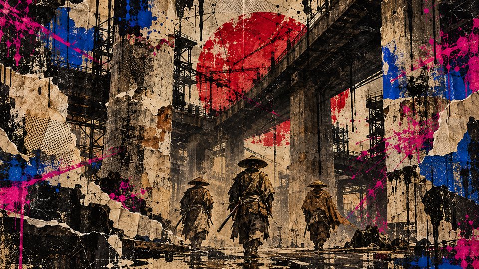 Three ronin beneath an industrial underpass surrounded by torn paper, red paint and cobalt and magenta splatters.