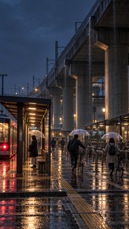 Commuters wheel bicycles through steady rain beneath a Japanese railway viaduct beside a covered transit stop, with wet pavement reflecting muted evening lights.