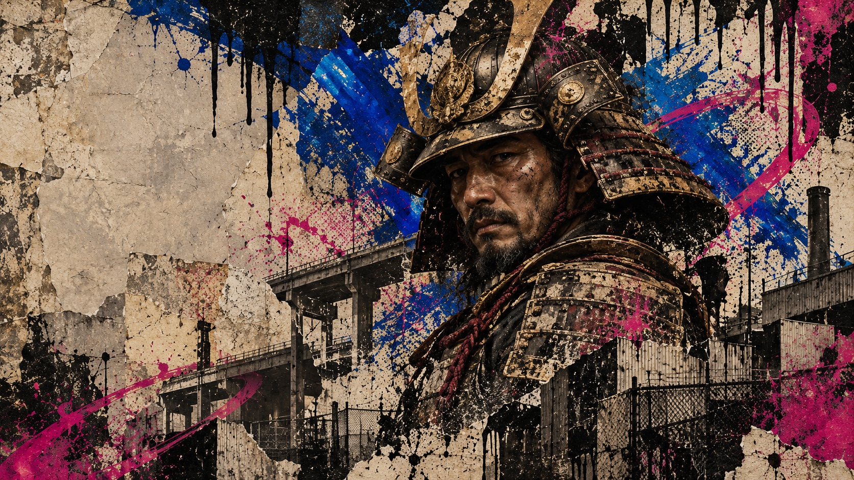 A samurai portrait layered over torn paper, industrial stencils, cobalt strokes and magenta paint.