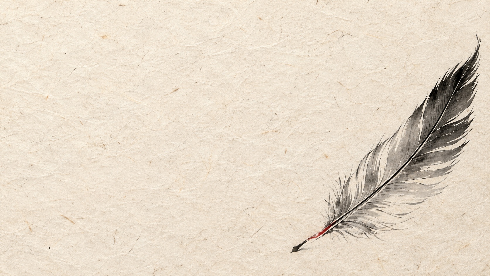 Minimal Japanese sumi ink painting of a single black crane feather with a small vermilion quill accent on ivory washi paper, positioned at the lower right with extensive empty space on the left.