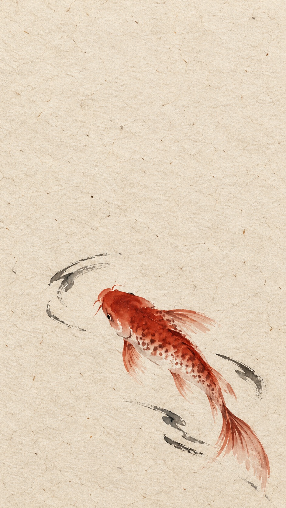 A single vermilion koi fish painted in expressive sumi-e brushwork swims among sparse black ink ripples on textured ivory washi paper, with broad empty space above.