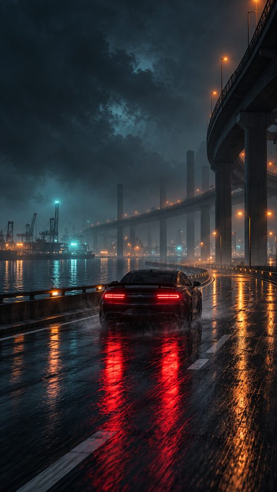 A rain streaked car and red tail lights beside a dark waterfront road.