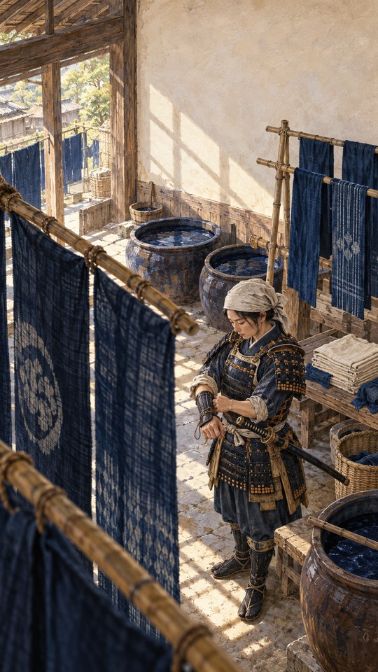 An adult Japanese woman warrior in dark lamellar armor adjusts her wrist guard inside a sunlit traditional indigo dye workshop, surrounded by hanging blue cloth and ceramic dye vats.