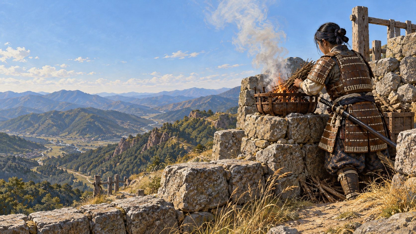 Historical oil painting of an adult Japanese woman warrior tending a small signal fire on a fortified granite mountain pass, with brown lamellar armor, dry grass and distant blue mountain ridges in afternoon sunlight.