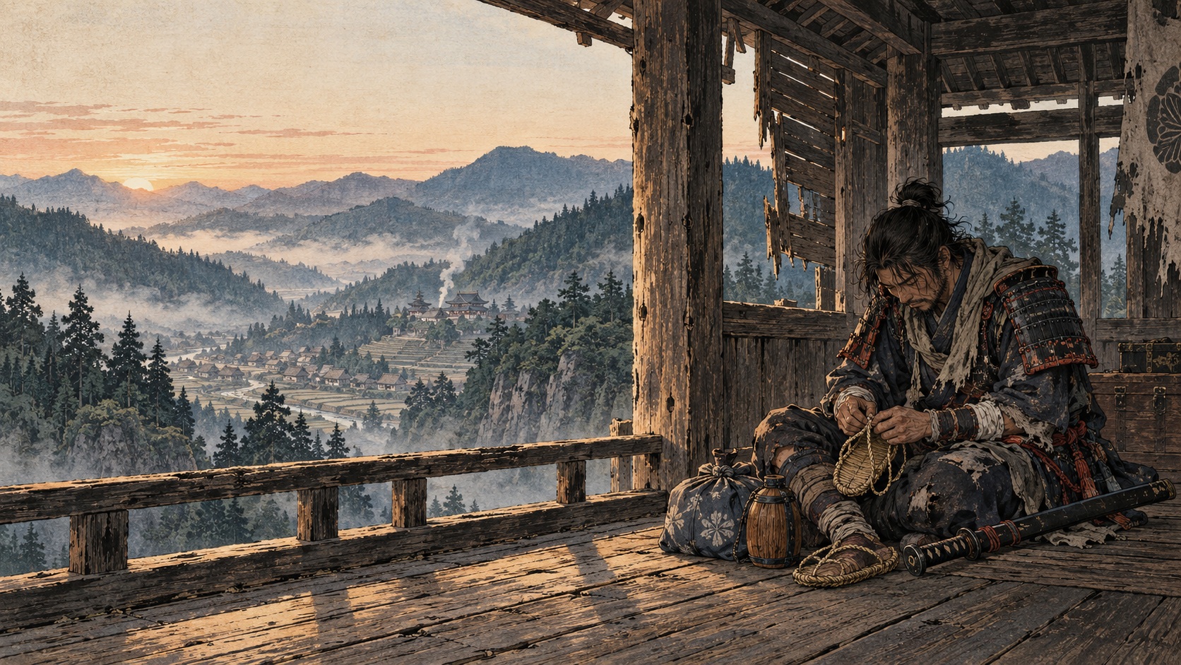 A resting ronin repairs his straw sandal inside an old wooden watchtower overlooking a misty mountain valley at dawn.