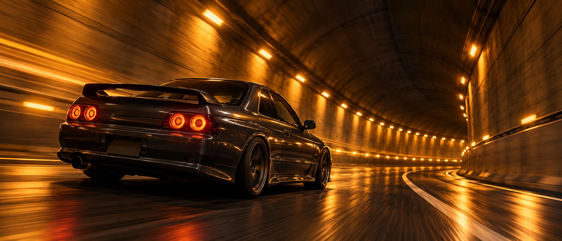 A black coupe racing through a sodium lit tunnel.