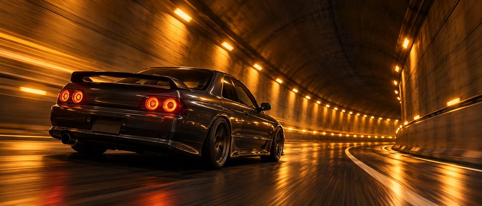 A black coupe racing through a sodium lit tunnel.