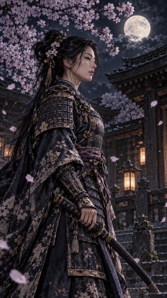 A woman warrior beneath falling cherry blossoms in a blue night garden.